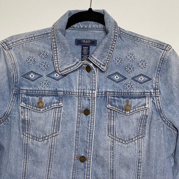 Chaps Vintage Cropped Trucker Denim‎ Jacket Embroidery Detail Collared Blue M - Picture 3 of 11
